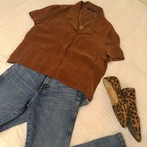 Chocolate brown, cropped silk blouse